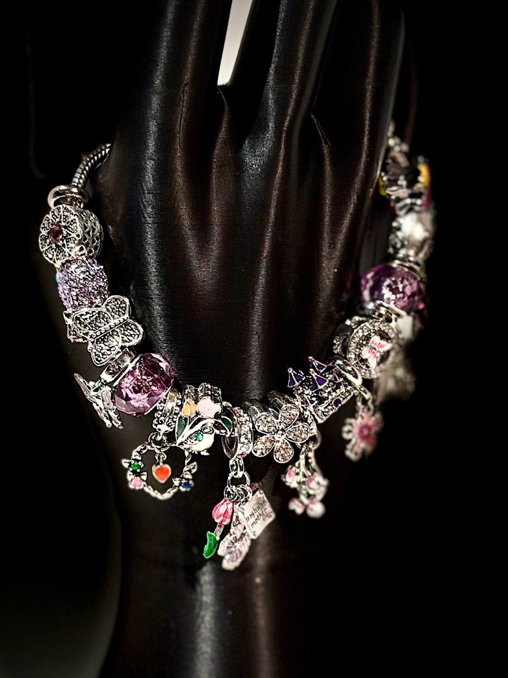 Silver and Purple Charm Bracelet with Enamel Accents